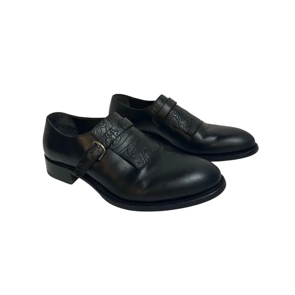 Etro Monk Strap Glossed Black Leather Shoes IT 44 US 11 Loafers Buckle Paisley
